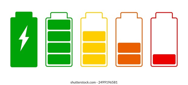 Battery Status Icons, ed, Green, Yellow color, Power Charging symbol, Electricity energy percentage, Capacity, Volt,, Cell, Low Battery, Full Battery illustration, Vector stock (Editable)