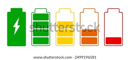 Battery Status Icons, ed, Green, Yellow color, Power Charging symbol, Electricity energy percentage, Capacity, Volt,, Cell, Low Battery, Full Battery illustration, Vector stock (Editable)