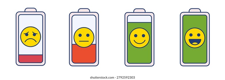 Battery Status Life Level Icon Set with Emoji Face Indicators representing Low to Full Energy Mood Stress Burnout and Health Vitality Concept Flat Illustration