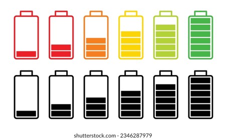 Conjunto de iconos vectoriales de estado de la batería. baja, vacía o completa, los símbolos vectores de nivel de batería del teléfono. adecuado para aplicaciones y diseños de interfaz de usuario web.