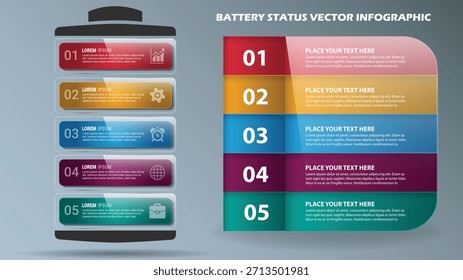 Batteriestatus, Vektorgrafik: Moderne Power Cell Design Vorlage für Energieniveau, Zielerreichung, Kapazität und Datenaufladung Präsentation mit 5 Schritten.