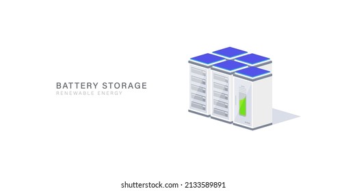 Battery storage for clean energy electric industry with isometric style vector illustration.