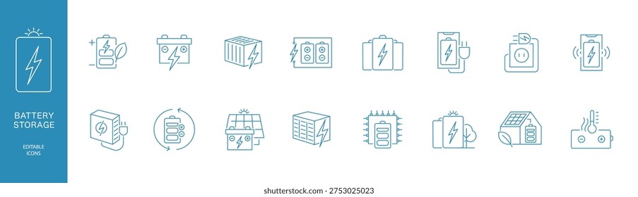 Battery Storage and Energy Grid Line Icon Set, Renewable Power, Solar Battery, EV Charging, Smart Meter, Energy Management Vector Icons