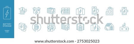 Battery Storage and Energy Grid Line Icon Set, Renewable Power, Solar Battery, EV Charging, Smart Meter, Energy Management Vector Icons