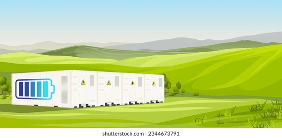 Battery storage power station, ecology, electric solar energy, power plant, renewable, green field, generator, charging, stabilization. Vector illustration.