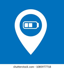 Battery store here, pinpoint white isolated icon.Battery store map marker pin, vector illustration.