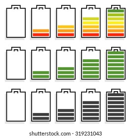 Battery strength / level indicators. Energy consumption / battery charging - recharging.