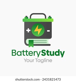 Battery Study Logo Vector Illustration. Template Design Idea Combining Accumulator and book shape