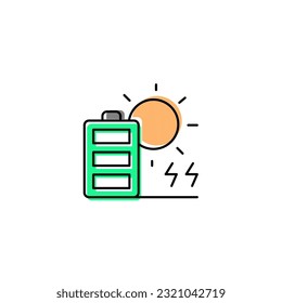 Battery with sun and thunder electric. Vector line color icon green and orange with green eco energy theme