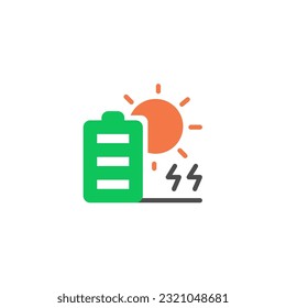 Battery with sun and thunder electric. Vector solid color icon green and orange with green eco energy theme