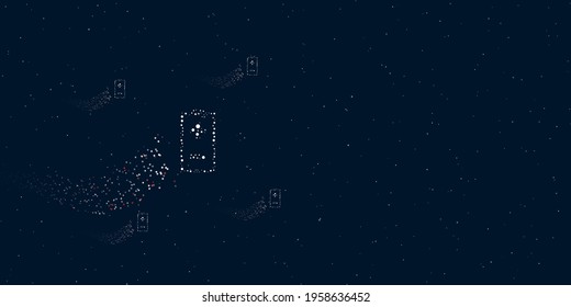 A battery symbol filled with dots flies through the stars leaving a trail behind. Four small symbols around. Empty space for text on the right. Vector illustration on dark blue background with stars