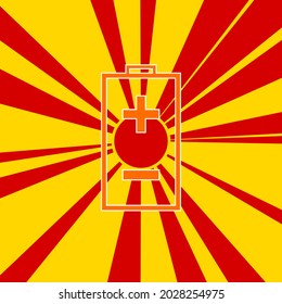 Battery symbol on a background of red flash explosion radial lines. The large orange symbol is located in the center of the sun, symbolizing the sunrise. Vector illustration on yellow background