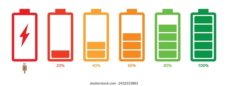 Battery symbol with stroke line. Battery icon, vector. Vector illustration of charging battery.  Battery indicator symbols.