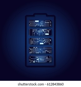 Battery symbol with a technological electronics circuit.

