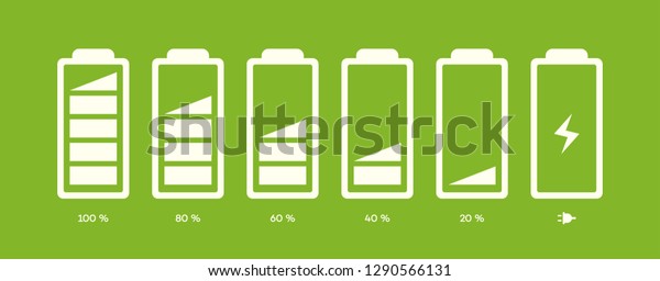 Battery symbol vector set different level of charge\
for ui energy symbol mobile phone, battery charge signs. Car\
battery indicator. Accumulator battery, wireless charging energy\
icons. 10 eps
