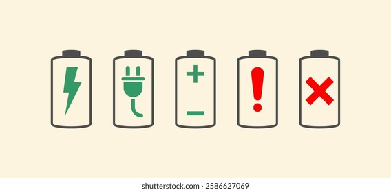  Battery symbols with fast charging, exclamation, low, plus, minus, tick and full charge signs. symbol charge battery icons art vector illustration. Battery Full charge indicator, low charge sign.