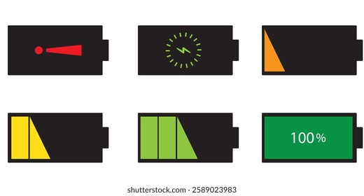  Battery symbols with fast charging, exclamation, low, plus, minus, tick and full charge signs . Battery Icon Illustration Vector Set . 1176