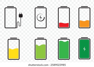  Battery symbols with fast charging, exclamation, low, plus, minus, tick and full charge signs . Battery Icon Illustration Vector Set . 1176