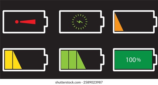  Battery symbols with fast charging, exclamation, low, plus, minus, tick and full charge signs . Battery Icon Illustration Vector Set . 1176