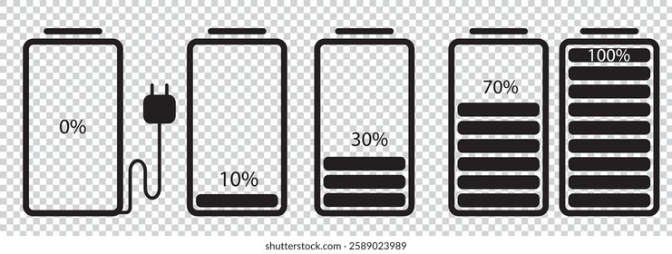  Battery symbols with fast charging, exclamation, low, plus, minus, tick and full charge signs . Battery Icon Illustration Vector Set . 1176