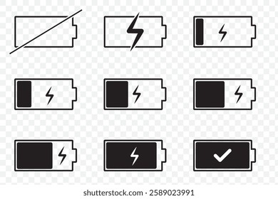  Battery symbols with fast charging, exclamation, low, plus, minus, tick and full charge signs . Battery Icon Illustration Vector Set . 1176