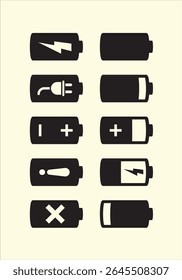 Battery symbols with fast charging, exclamation, low, plus, minus, tick and full charge signs. symbol charge battery icons art vector illustration. Battery Full charge indicator, low charge sign