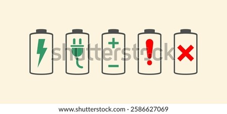  Battery symbols with fast charging, exclamation, low, plus, minus, tick and full charge signs. symbol charge battery icons art vector illustration. Battery Full charge indicator, low charge sign.