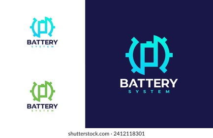 Battery System logo designs concept vector, battery with gear logo template