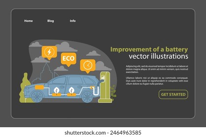 Ilustración de avance de Tecnología de batería. Este Vector refleja el progreso en la vida útil de las baterías de los vehículos eléctricos y la ecoeficiencia, con un enfoque en la innovación y la sostenibilidad.