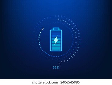Battery technology background Screen with battery with technology circle surrounding it that is charging energy as reserve energy Show percentage of charge Wallpaper game screen. Vector illustration.
