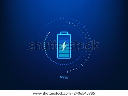 Battery technology background Screen with battery with technology circle surrounding it that is charging energy as reserve energy Show percentage of charge Wallpaper game screen. Vector illustration.