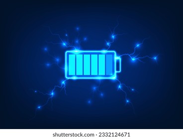 Battery technology with electric current flowing around the body. It's a vector illustration. focus on blue tones Batteries are innovations that provide continuous power to electrical devices.