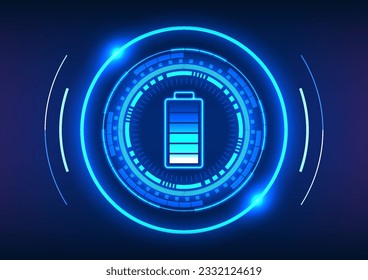 Batterietechnologie innerhalb des High-Tech-Kreises Es ist eine Technologie, die die Stromversorgung von elektrischen Geräten ermöglicht. Es ist eine Vektorgrafik in blauen Tönen.