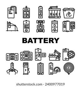 tecnología de batería potencia iconos eléctricos conjunto vector. cargador de energía, carga de litio, auto de recarga, verde celular, ión, combustible, tecnología de batería híbrida potencia eléctrica negro contorno de las ilustraciones