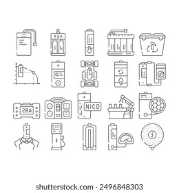 battery technology power electric icons set vector. energy charger, lithium charge, recharge car, cell green, ion, fuel, hybrid battery technology power electric black contour illustrations