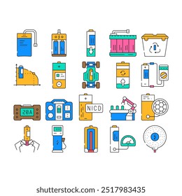 battery technology power electric icons set vector. energy charger, lithium charge, recharge car, cell green, ion, fuel, hybrid battery technology power electric color Contour Illustrations