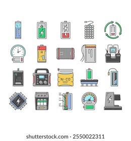 tecnologia da bateria poder ícones elétricos definir vetor. carregador de energia, carga de lítio, célula de recarga, íon verde, combustível, veículo híbrido tecnologia da bateria poder elétrico cor linha ilustrações