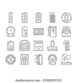 tecnologia da bateria poder ícones elétricos definir vetor. carregador de energia, carga de lítio, célula de recarga, íon verde, combustível, veículo híbrido tecnologia da bateria poder elétrico contorno preto ilustrações
