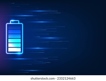 Batterietechnologie mit seitlichem Abstand Das Konzept der Übertragung der in der Batterie enthaltenen Energie auf elektrische Geräte funktioniert weiterhin. Vektorgrafik in blauen Tönen.