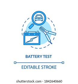 Icono de concepto de prueba de batería. Ilustración de línea delgada de la idea del examen del líquido de la batería. Estado de la batería del automóvil. Comprobación de multímetro e hidrómetro. Dibujo de color RGB con contorno aislado del vector. Trazo editable