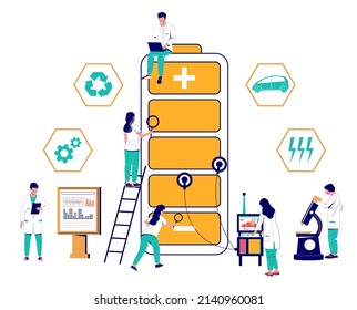 Battery test, organic energy generation vector. Scientist team providing new technology, checking power capacity. Ecology and alternative renewable electric sources concept