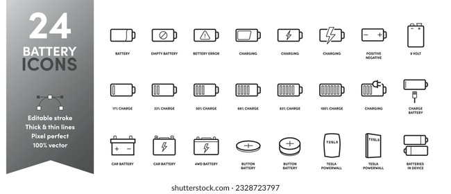 Iconos de línea gruesa y delgada de la batería. Una variedad de baterías diferentes con trazos editables