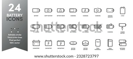 Battery thick and thin line icons. A variety of different batteries with editable strokes
