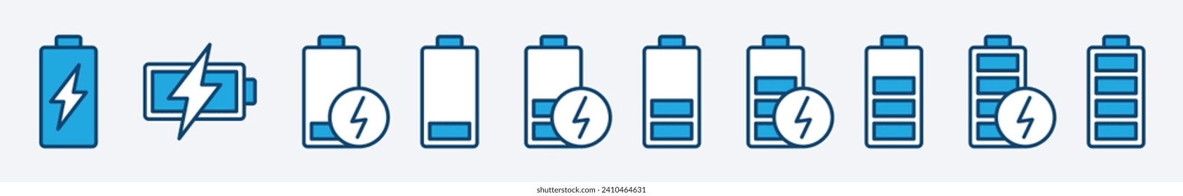 Battery thin line icon set. Battery charge level. Battery Charging indicator in thin line and flat icon collection. Vector illustration