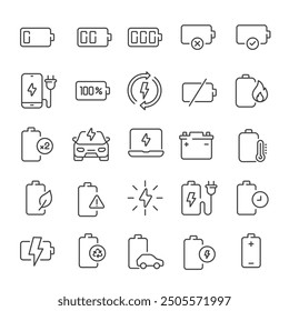 Colección de iconos de línea delgada de batería. Para el diseño de marketing de Sitio web, logotipo, App, Plantilla, ui, etc. Ilustración vectorial.