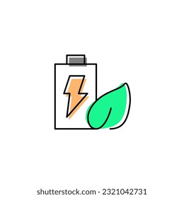 Batería con energía de trueno y energía natural de hoja. Icono de color de línea de vector verde y naranja con tema de energía ecológica verde