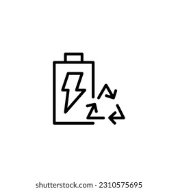 Battery with thunder energy recycle. Vector line icon black and white with green eco energy theme