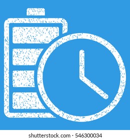 Battery Time grainy textured icon for overlay watermark stamps. Flat symbol with dirty texture. Dotted vector white ink rubber seal stamp with grunge design on a blue background.