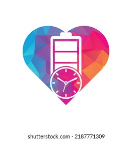 Battery time heart shape concept logo design template. Speed charge energy logo vector.	