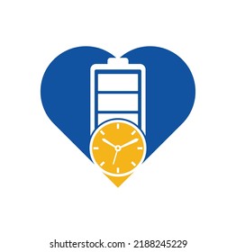 Battery time heart shape concept logo design template. Speed charge energy logo vector.	